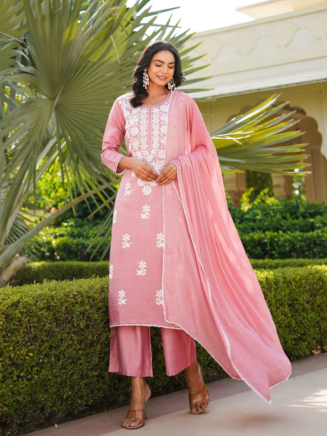 Women Pink Viscose Solid Embroidered Straight Kurta Palazzo With Dupatta