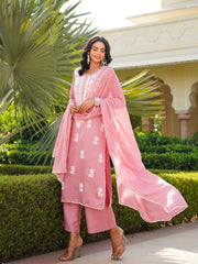 Women Pink Viscose Solid Embroidered Straight Kurta Palazzo With Dupatta-VKSKD2354