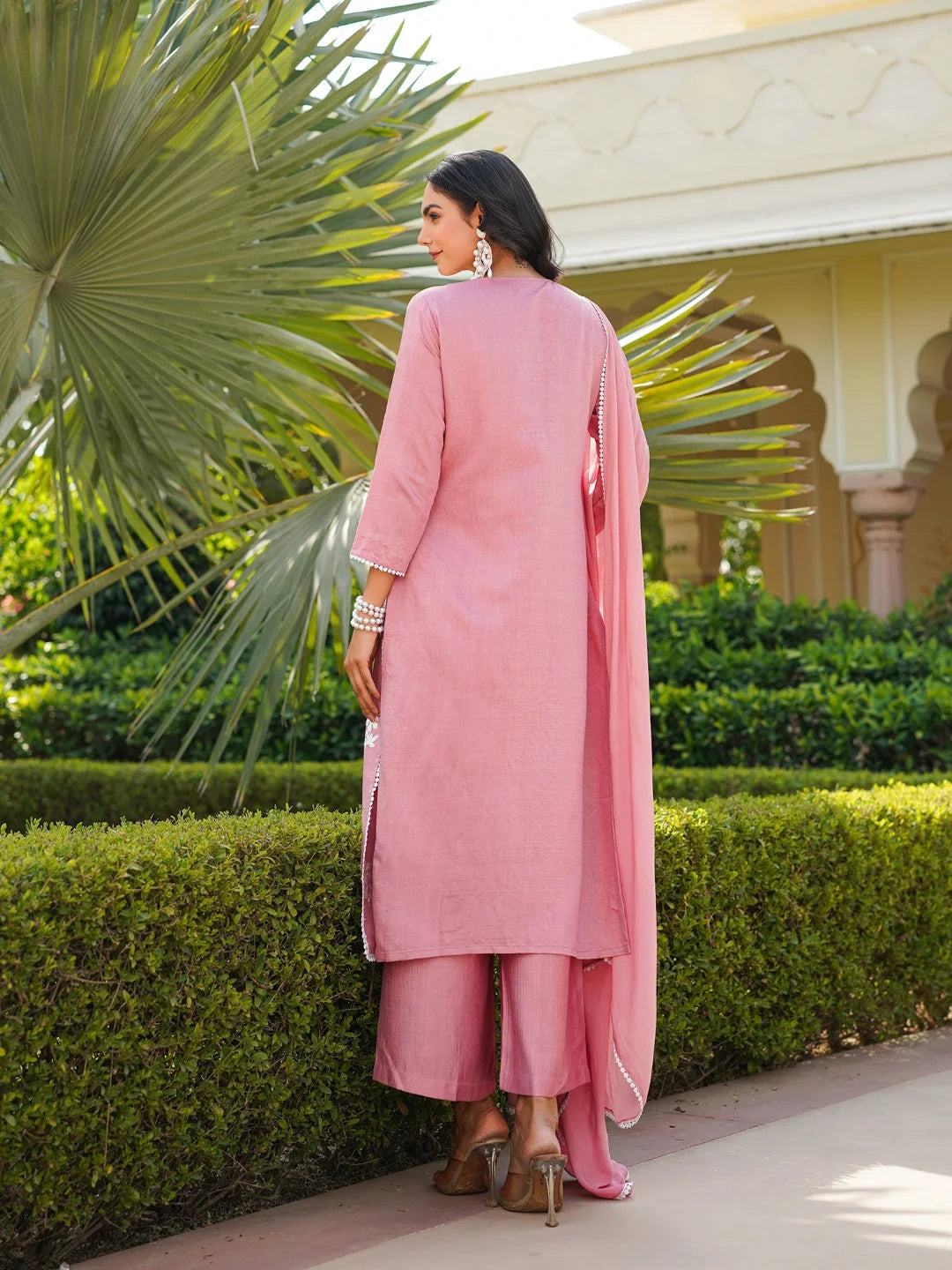 Women Pink Viscose Solid Embroidered Straight Kurta Palazzo With Dupatta