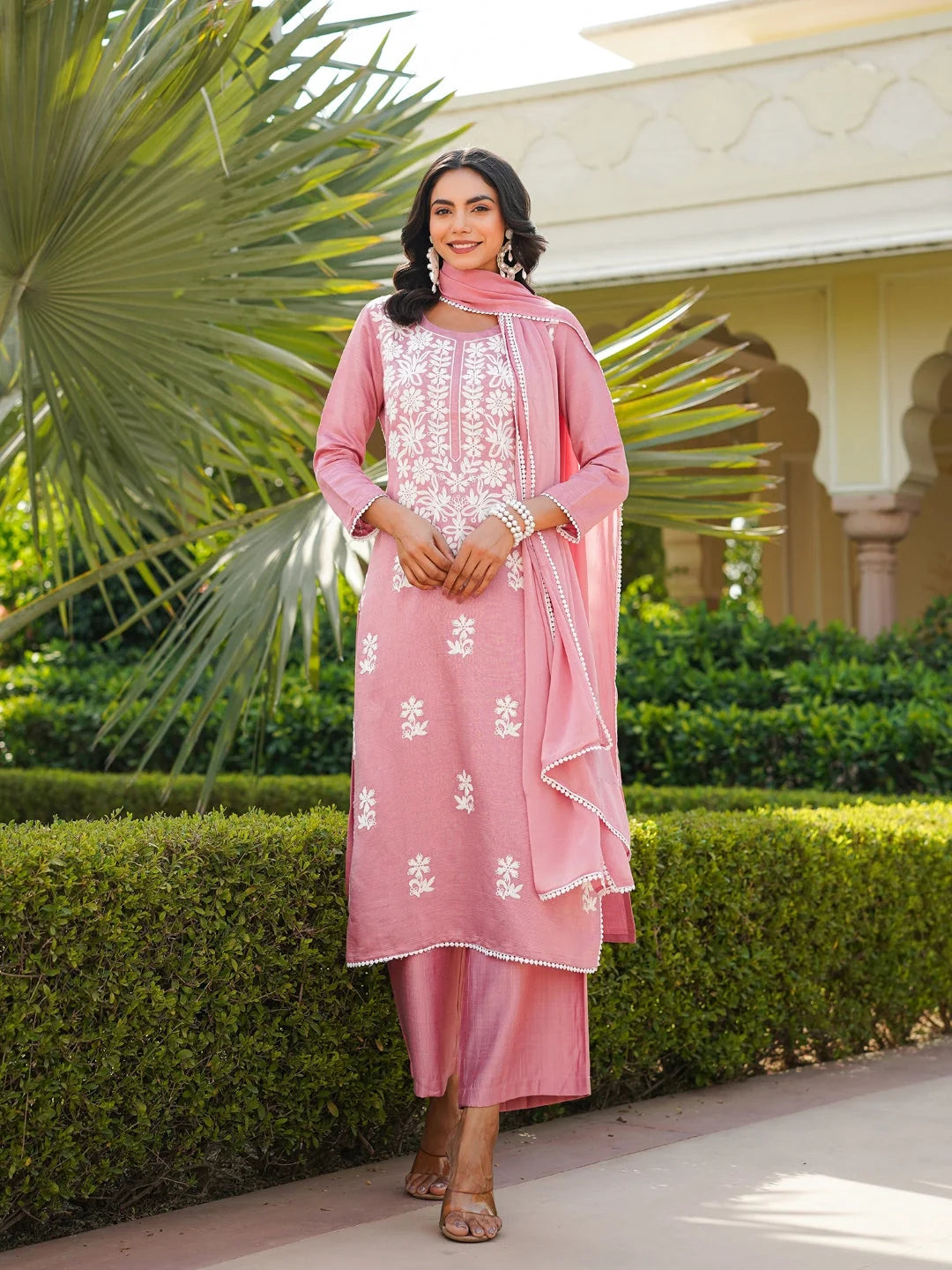 Women Pink Viscose Solid Embroidered Straight Kurta Palazzo With Dupatta