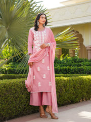 Women Pink Viscose Solid Embroidered Straight Kurta Palazzo With Dupatta-VKSKD2354