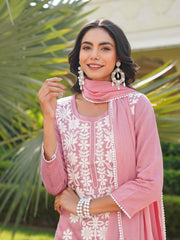 Women Pink Viscose Solid Embroidered Straight Kurta Palazzo With Dupatta-VKSKD2354