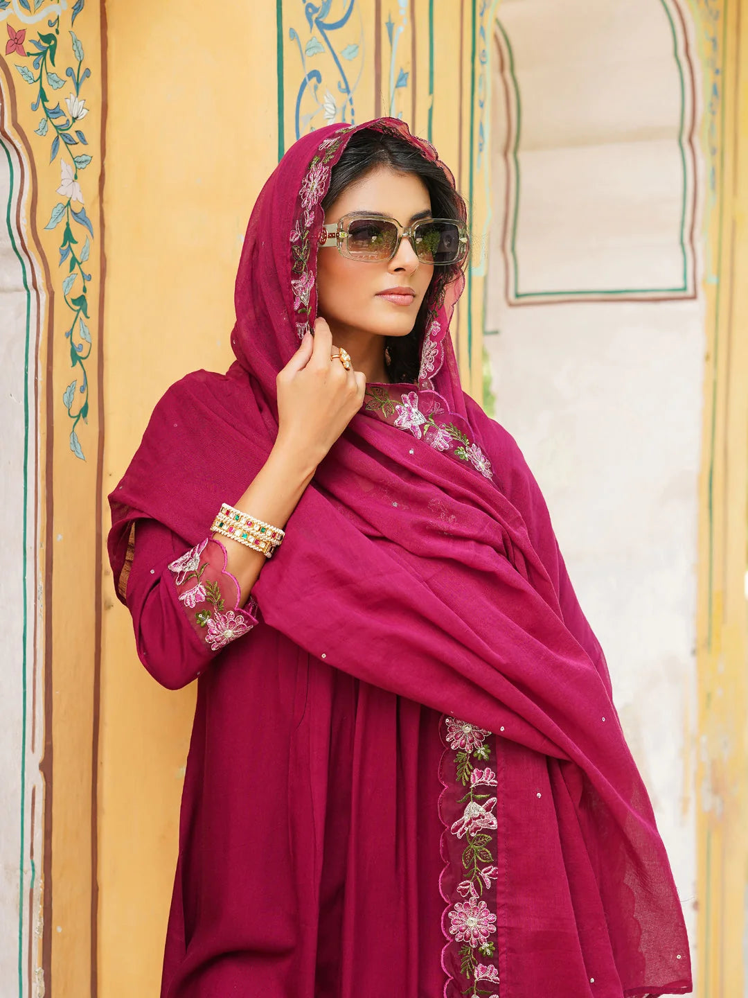 Women Purple Viscose Rayon Solid Embroidered Straight Kurta Trousers With Dupatta