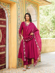 Women Purple Viscose Rayon Solid Embroidered Straight Kurta Trousers With Dupatta-VKSKD2357
