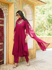 Women Purple Viscose Rayon Solid Embroidered Straight Kurta Trousers With Dupatta-VKSKD2357