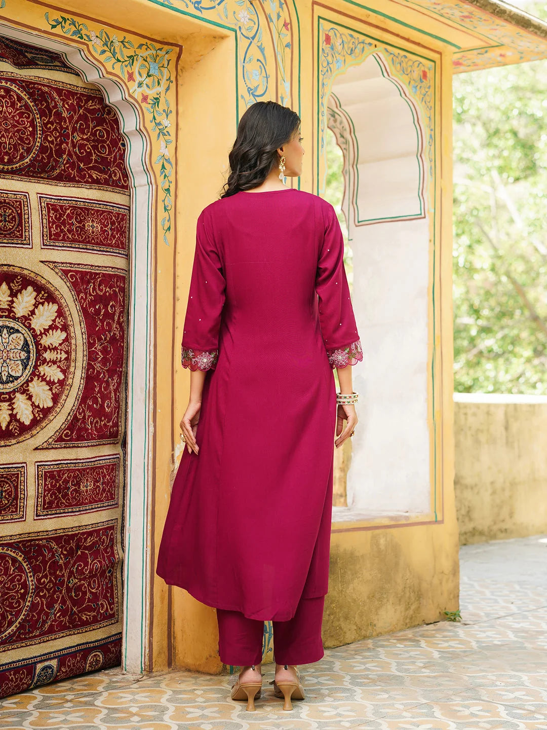 Women Purple Viscose Rayon Solid Embroidered Straight Kurta Trousers With Dupatta