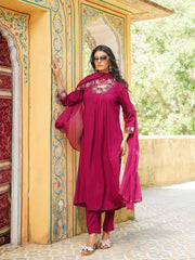 Women Purple Viscose Rayon Solid Embroidered Straight Kurta Trousers With Dupatta-VKSKD2357