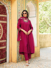 Women Purple Viscose Rayon Solid Embroidered Straight Kurta Trousers With Dupatta-VKSKD2357