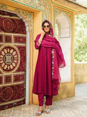 Women Purple Viscose Rayon Solid Embroidered Straight Kurta Trousers With Dupatta-VKSKD2357