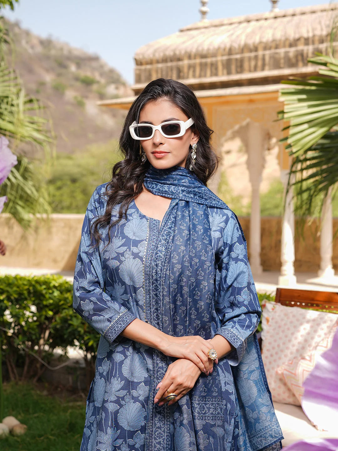 Women Blue Rayon Blend Floral Printed Straight Kurta Trousers With Dupatta