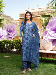 Women Blue Rayon Blend Floral Printed Straight Kurta Trousers With Dupatta-VKSKD2360