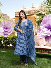 Women Blue Rayon Blend Floral Printed Straight Kurta Trousers With Dupatta-VKSKD2360