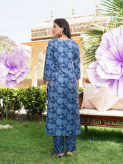 Women Blue Rayon Blend Floral Printed Straight Kurta Trousers With Dupatta-VKSKD2360