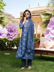 Women Blue Rayon Blend Floral Printed Straight Kurta Trousers With Dupatta-VKSKD2360