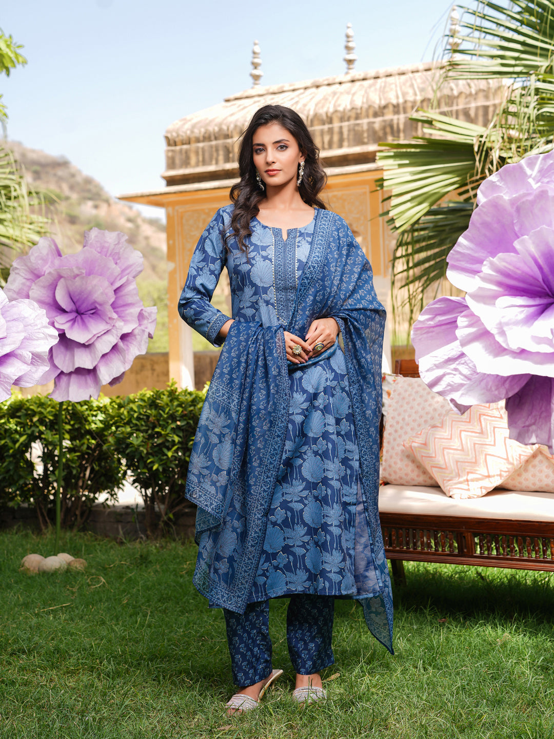 Women Blue Rayon Blend Floral Printed Straight Kurta Trousers With Dupatta