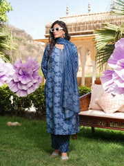 Women Blue Rayon Blend Floral Printed Straight Kurta Trousers With Dupatta-VKSKD2360