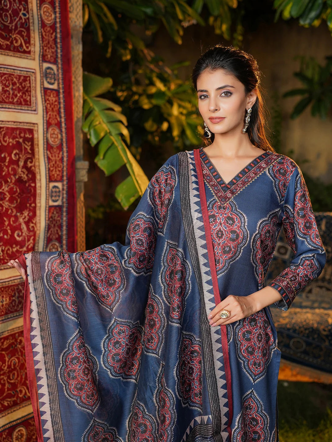 Women Blue Rayon Blend Ethnic Motifs Printed Straight Kurta Trousers With Dupatta-VKSKD2361