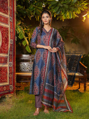 Women Blue Rayon Blend Ethnic Motifs Printed Straight Kurta Trousers With Dupatta-VKSKD2361