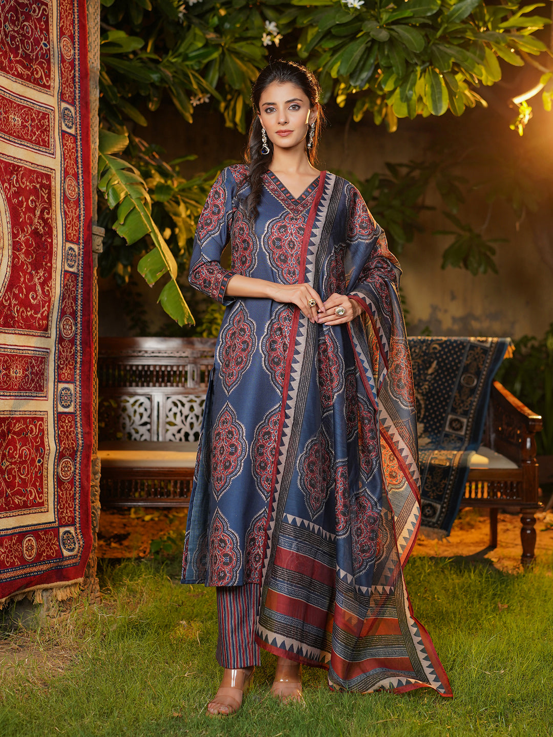Women Blue Rayon Blend Ethnic Motifs Printed Straight Kurta Trousers With Dupatta