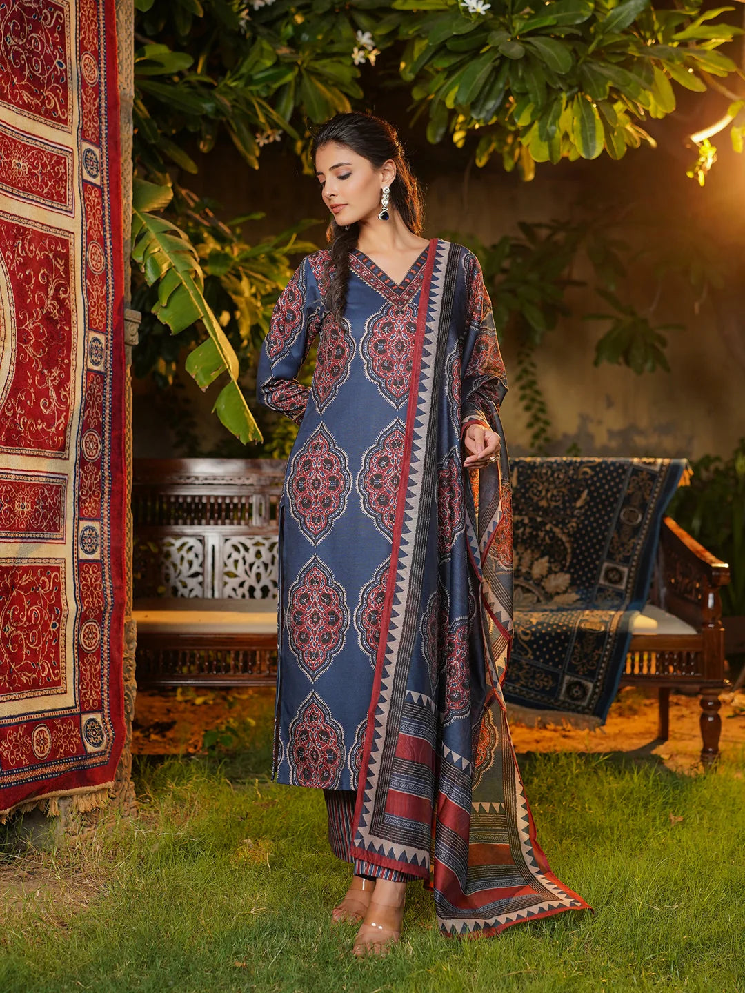 Women Blue Rayon Blend Ethnic Motifs Printed Straight Kurta Trousers With Dupatta