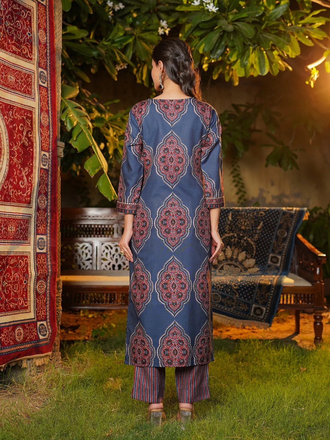 Women Blue Rayon Blend Ethnic Motifs Printed Straight Kurta Trousers With Dupatta