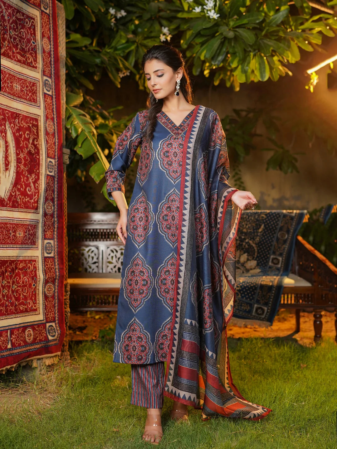 Women Blue Rayon Blend Ethnic Motifs Printed Straight Kurta Trousers With Dupatta