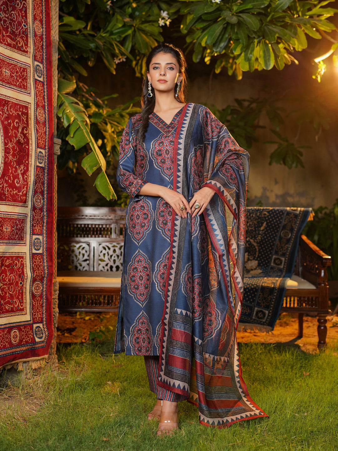 Women Blue Rayon Blend Ethnic Motifs Printed Straight Kurta Trousers With Dupatta