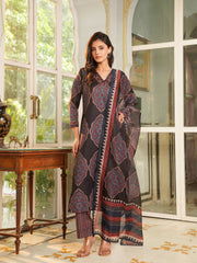 Women Black Rayon Blend Ethnic Motifs Printed Straight Kurta Trousers With Dupatta-VKSKD2362