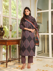 Women Black Rayon Blend Ethnic Motifs Printed Straight Kurta Trousers With Dupatta-VKSKD2362