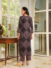 Women Black Rayon Blend Ethnic Motifs Printed Straight Kurta Trousers With Dupatta-VKSKD2362