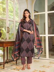 Women Black Rayon Blend Ethnic Motifs Printed Straight Kurta Trousers With Dupatta-VKSKD2362