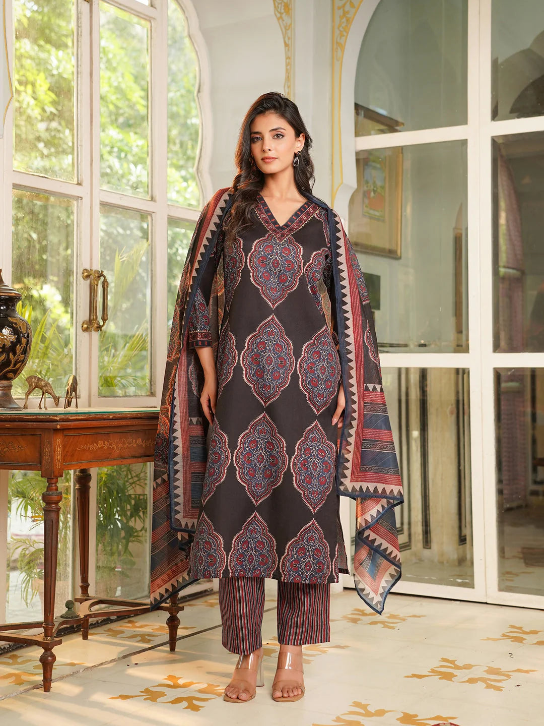 Women Black Rayon Blend Ethnic Motifs Printed Straight Kurta Trousers With Dupatta