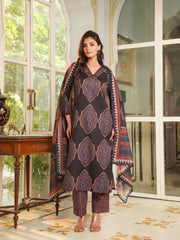 Women Black Rayon Blend Ethnic Motifs Printed Straight Kurta Trousers With Dupatta-VKSKD2362