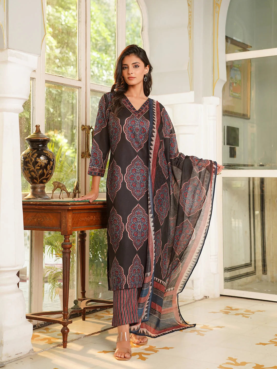 Women Black Rayon Blend Ethnic Motifs Printed Straight Kurta Trousers With Dupatta