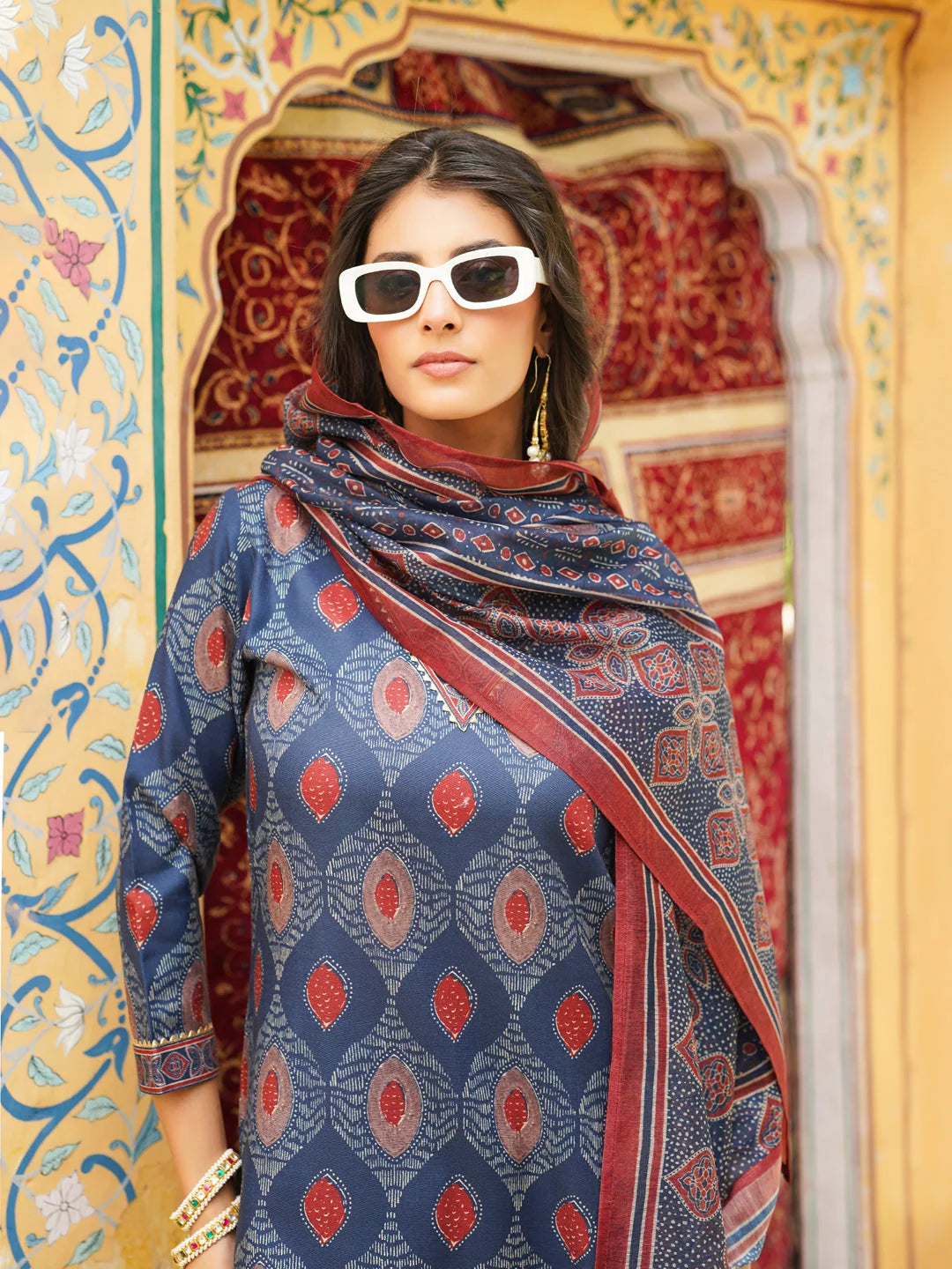 Women Blue Rayon Blend Ethnic Motifs Printed Straight Kurta Trousers With Dupatta