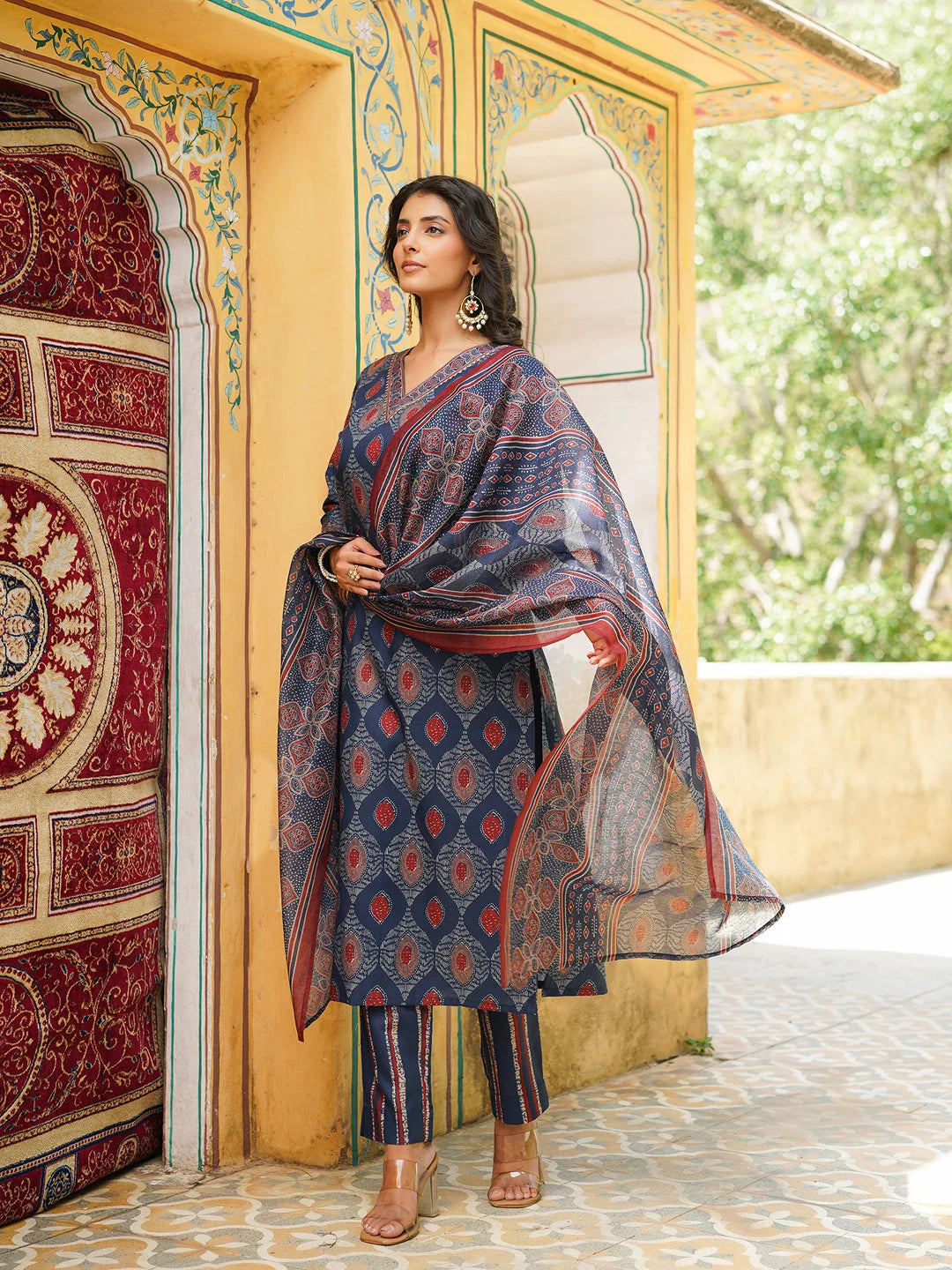 Women Blue Rayon Blend Ethnic Motifs Printed Straight Kurta Trousers With Dupatta