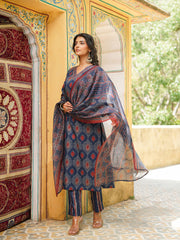 Women Blue Rayon Blend Ethnic Motifs Printed Straight Kurta Trousers With Dupatta-VKSKD2363