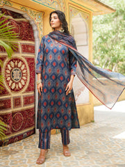 Women Blue Rayon Blend Ethnic Motifs Printed Straight Kurta Trousers With Dupatta-VKSKD2363