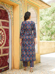 Women Blue Rayon Blend Ethnic Motifs Printed Straight Kurta Trousers With Dupatta-VKSKD2363
