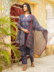 Women Blue Rayon Blend Ethnic Motifs Printed Straight Kurta Trousers With Dupatta-VKSKD2363