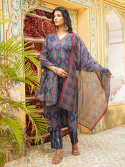 Women Blue Rayon Blend Ethnic Motifs Printed Straight Kurta Trousers With Dupatta-VKSKD2363