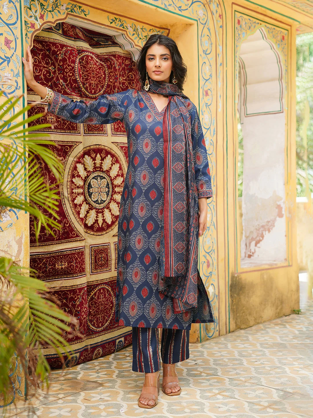 Women Blue Rayon Blend Ethnic Motifs Printed Straight Kurta Trousers With Dupatta