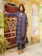 Women Blue Rayon Blend Ethnic Motifs Printed Straight Kurta Trousers With Dupatta-VKSKD2363