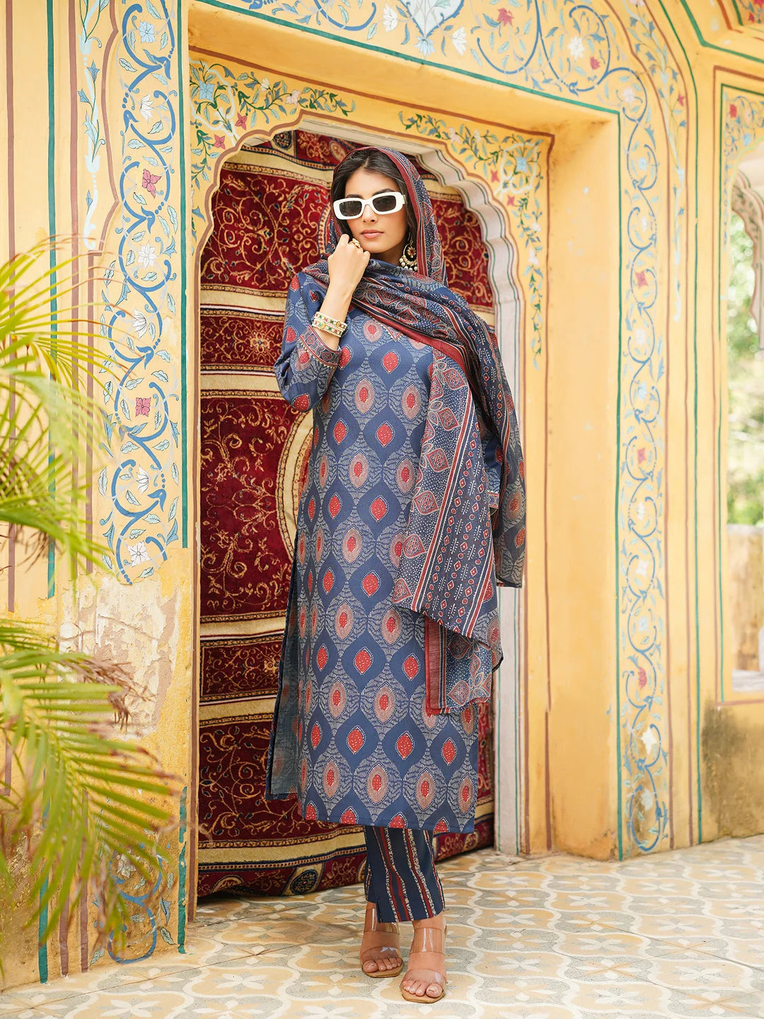 Women Blue Rayon Blend Ethnic Motifs Printed Straight Kurta Trousers With Dupatta