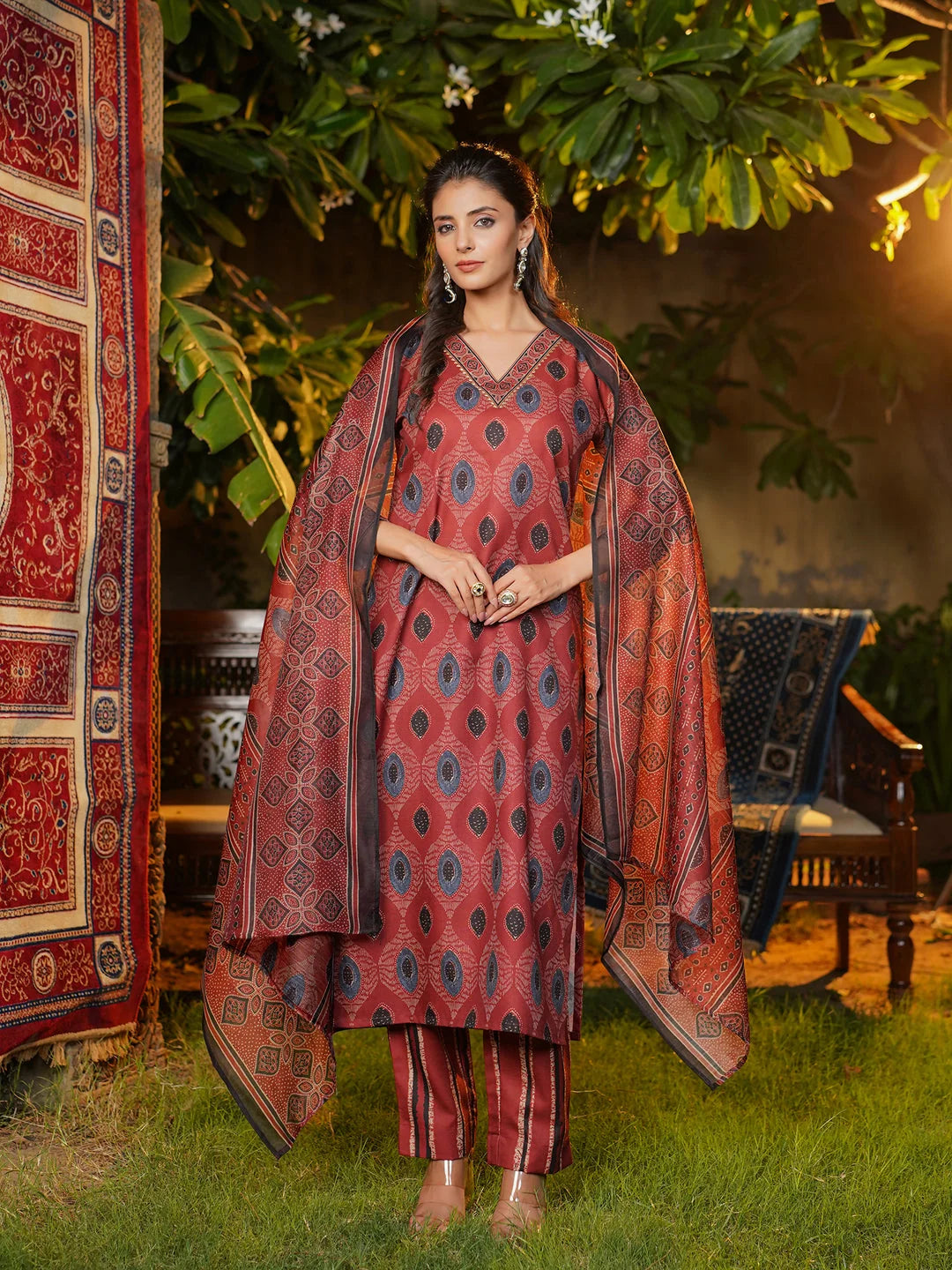 Women Maroon Rayon Blend Ethnic Motifs Printed Straight Kurta Trousers With Dupatta
