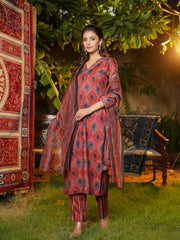 Women Maroon Rayon Blend Ethnic Motifs Printed Straight Kurta Trousers With Dupatta-VKSKD2364