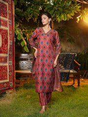 Women Maroon Rayon Blend Ethnic Motifs Printed Straight Kurta Trousers With Dupatta-VKSKD2364