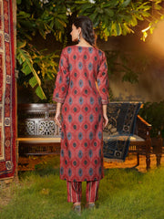 Women Maroon Rayon Blend Ethnic Motifs Printed Straight Kurta Trousers With Dupatta-VKSKD2364