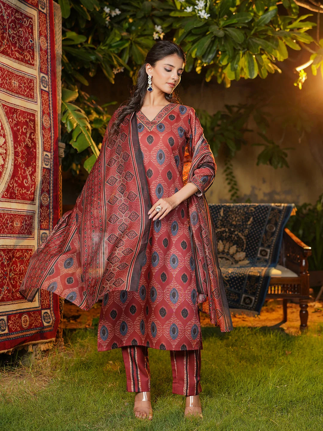 Women Maroon Rayon Blend Ethnic Motifs Printed Straight Kurta Trousers With Dupatta