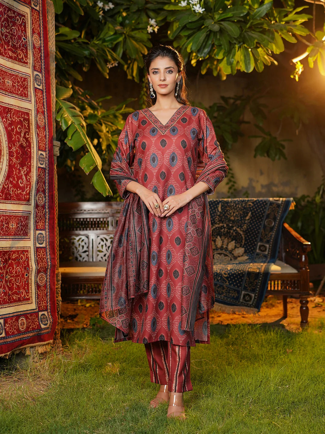 Women Maroon Rayon Blend Ethnic Motifs Printed Straight Kurta Trousers With Dupatta